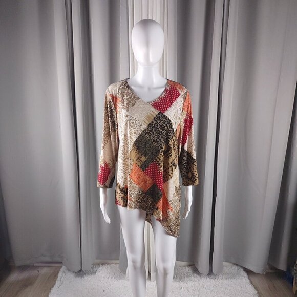 Chico's Tops - Chico's Women's Bohemian Patchwork, Asymmetrical Hem Pullover Blouse Size 2 (L)